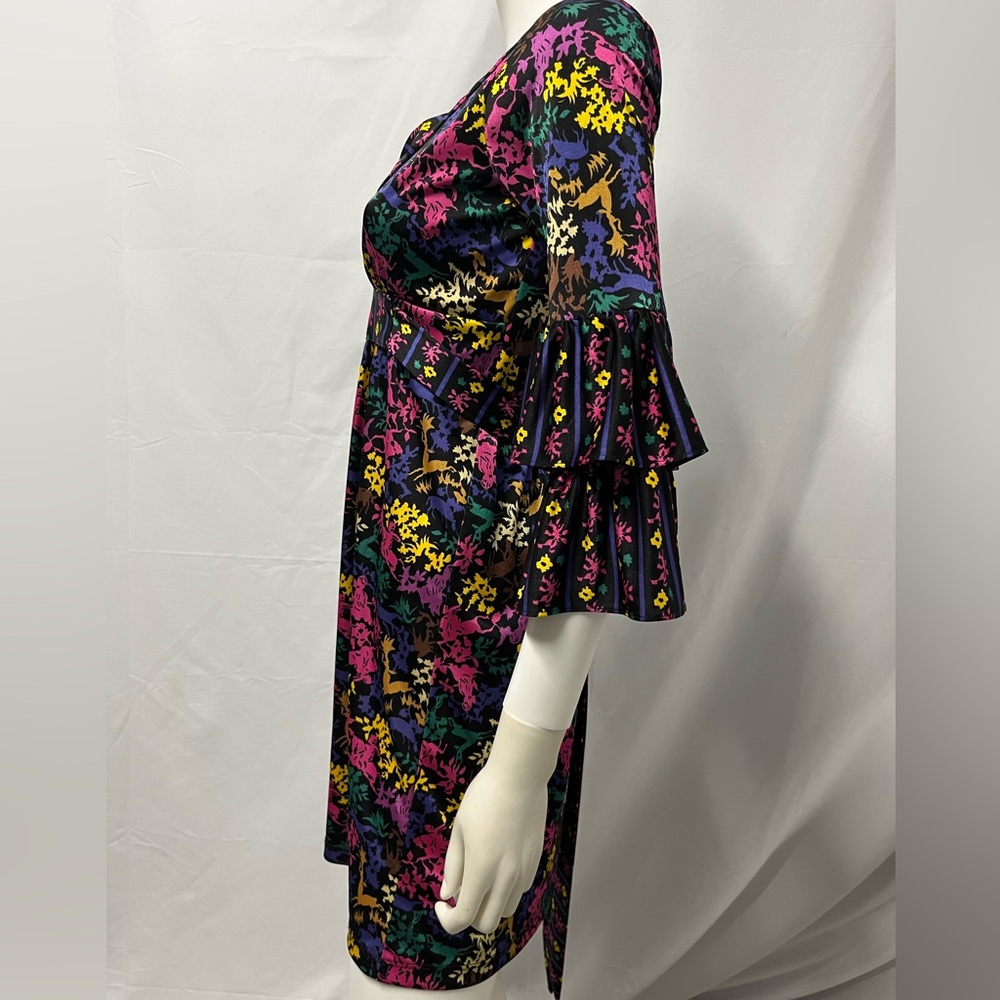 VTG Betsey Johnson Mini Dress Women 2 Black Graphic Jersey Knit Ruffles - Picture 9 of 10
